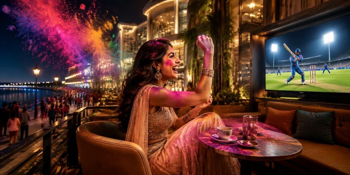 Holi festival and cricket betting scene in Delhi with vibrant colors